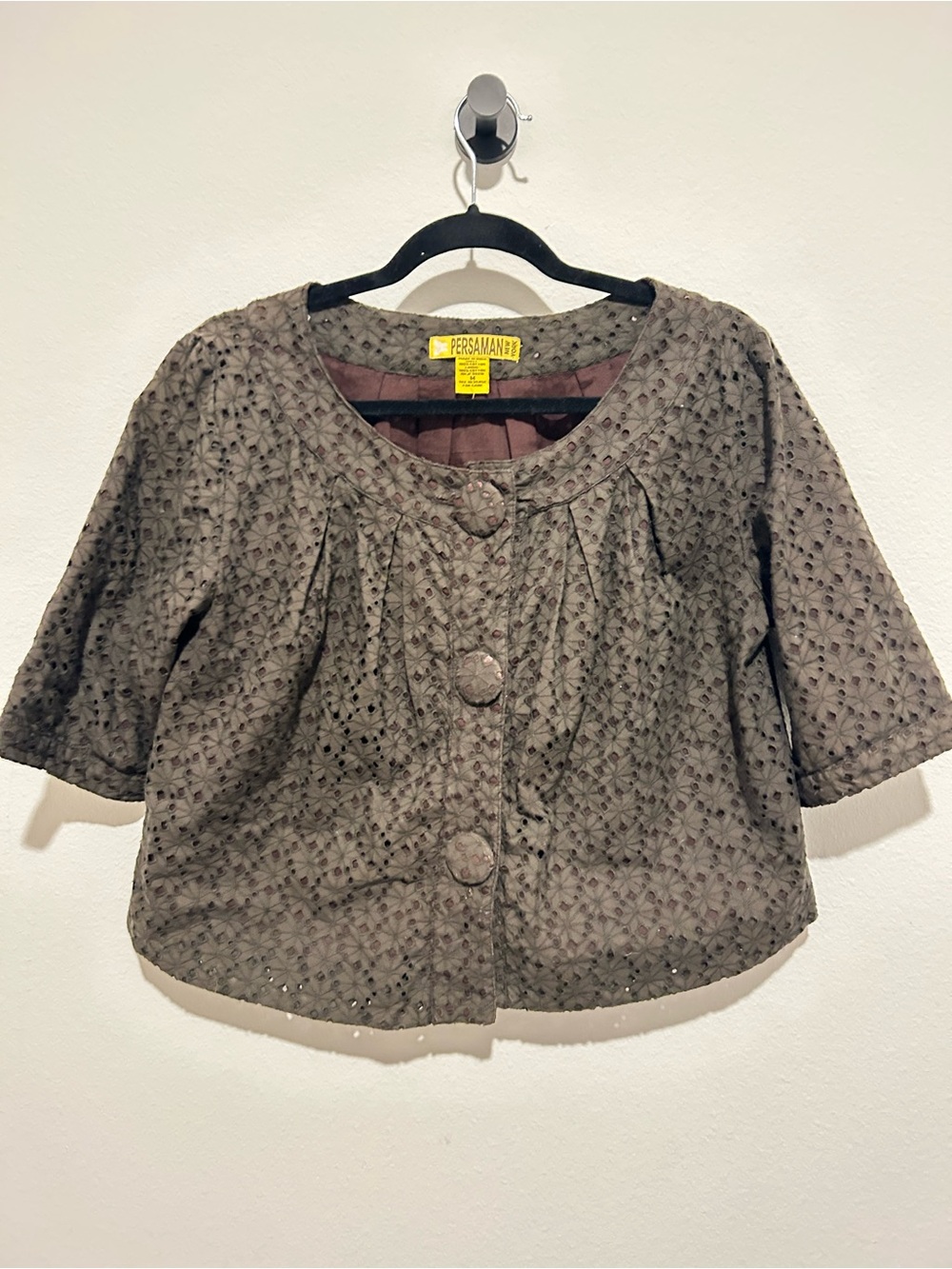 Persaman New York Cropped 3/4 Sleeve Brown Eyelet Jacket
